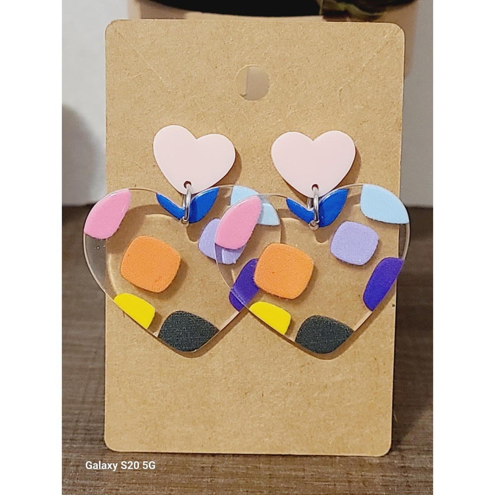 Heart Shaped Dangle Earrings Colorful Abstract‎ Shapes Transparent Acrylic New